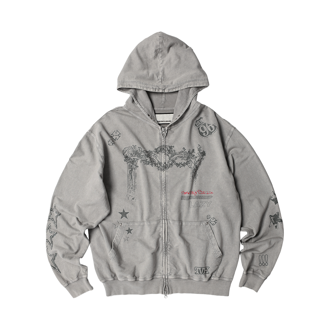 VH2GSUM481AGR Thevinylhouse Rodeo Washed Hoodie Zip-Up Grey