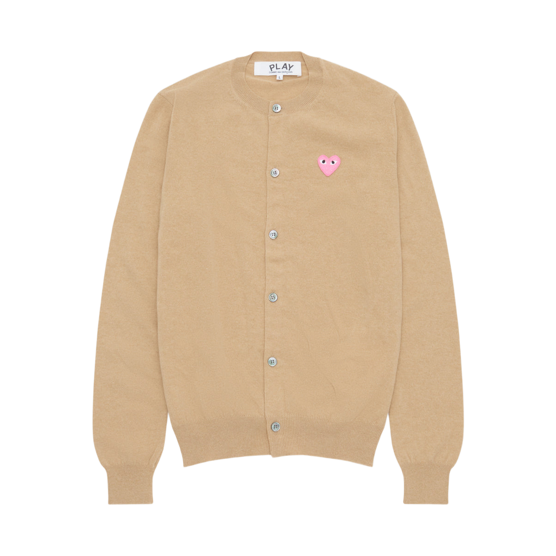 AX-N098-051-3 Play Comme des Garcons Small Pink Heart Round Neck Cardigan Camel