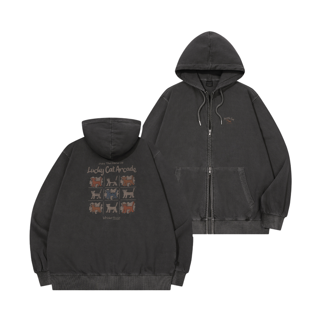 꼼파뇨 [2-WAY] 아케이드 캣 피그먼트 후드집업 스모크블랙(CPGN STUDIO [2-WAY] Arcade Cat Pigment Zip-up Hoodie Smoke Black)