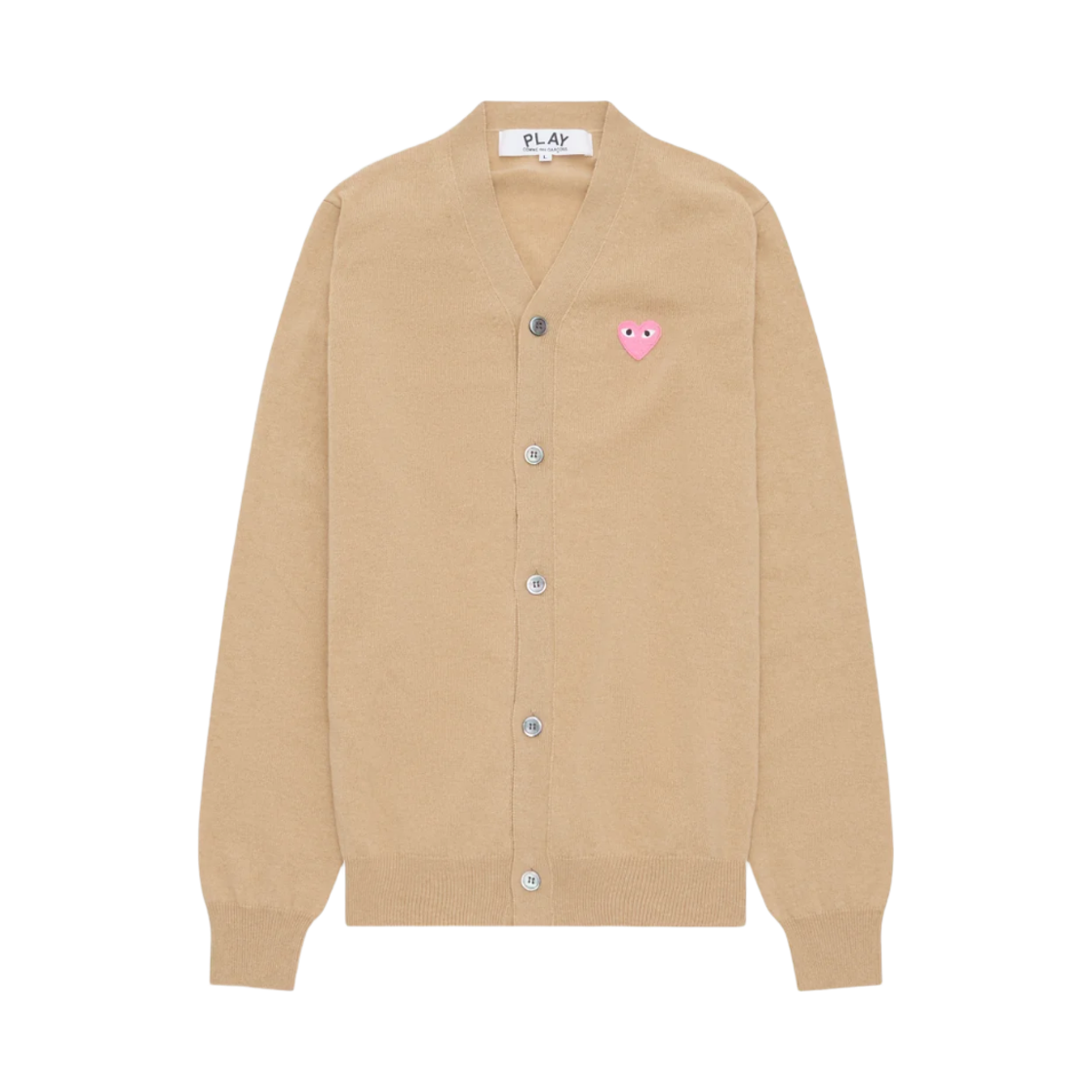AX-N099-051-3 (W) Play Comme des Garcons Small Pink Heart V-Neck Cardigan Camel