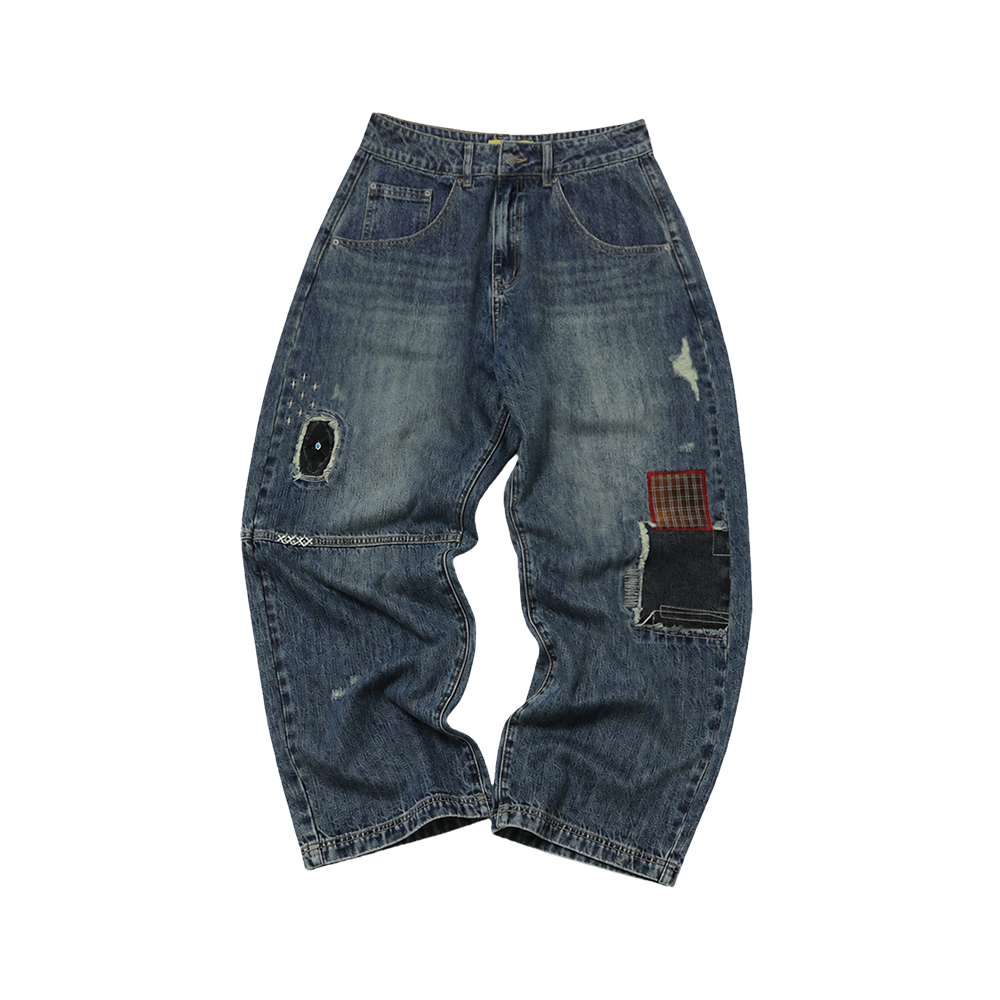 메인부스 리페어드 데님 팬츠 블루(MAINBOOTH Repaired Denim Pants Blue)