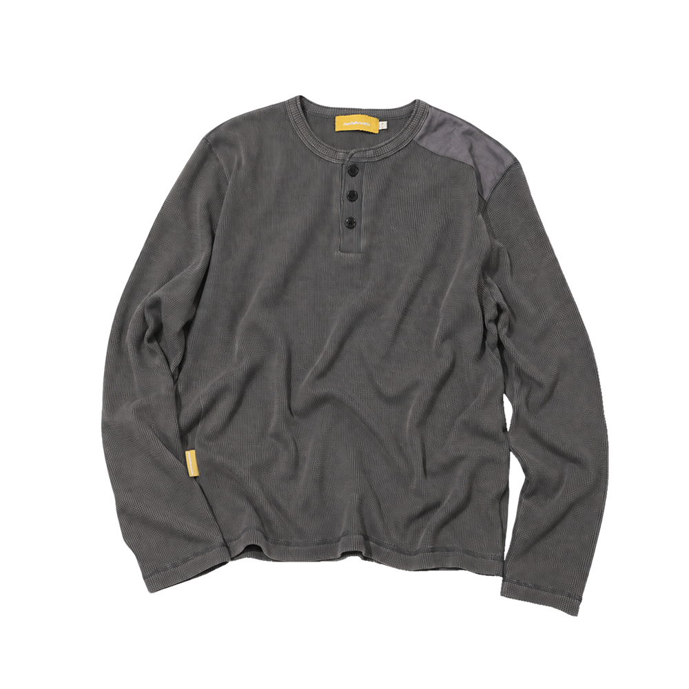 메인부스 워시드 헨리넥 티셔츠 차콜(MAINBOOTH Washed Henley T-Shirt Charcoal) - 1