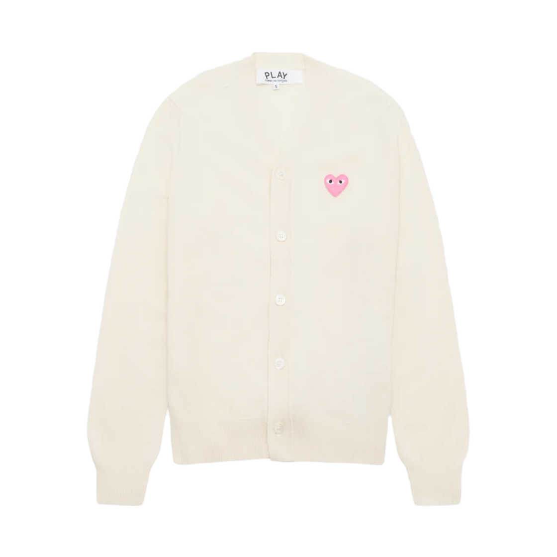 AX-N099-051-4 (W) Play Comme des Garcons Small Pink Heart V-Neck Cardigan Natural