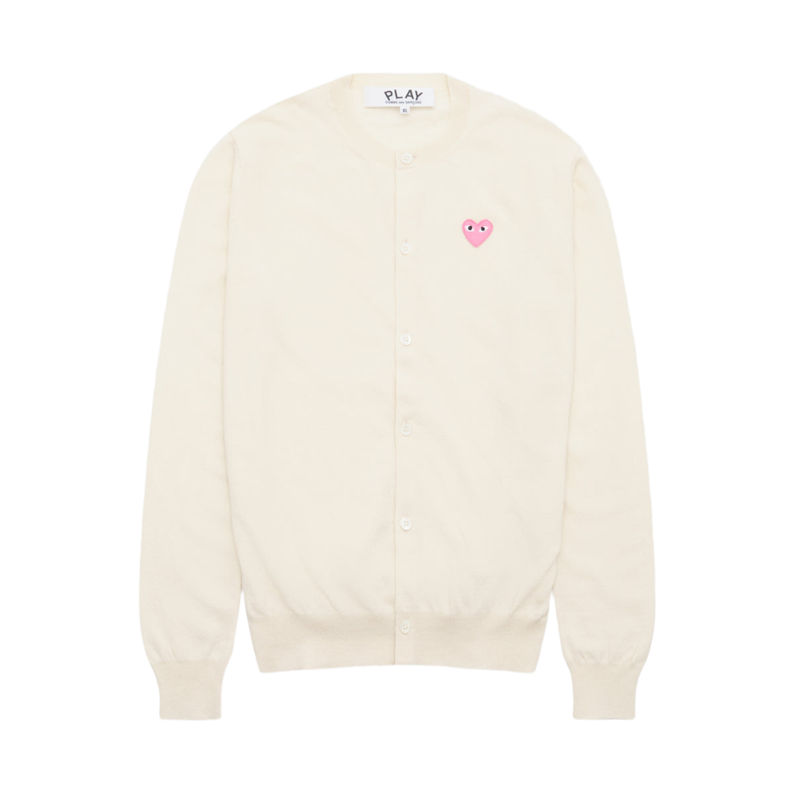 AX-N098-051-4 Play Comme des Garcons Small Pink Heart Round Neck Cardigan Natural