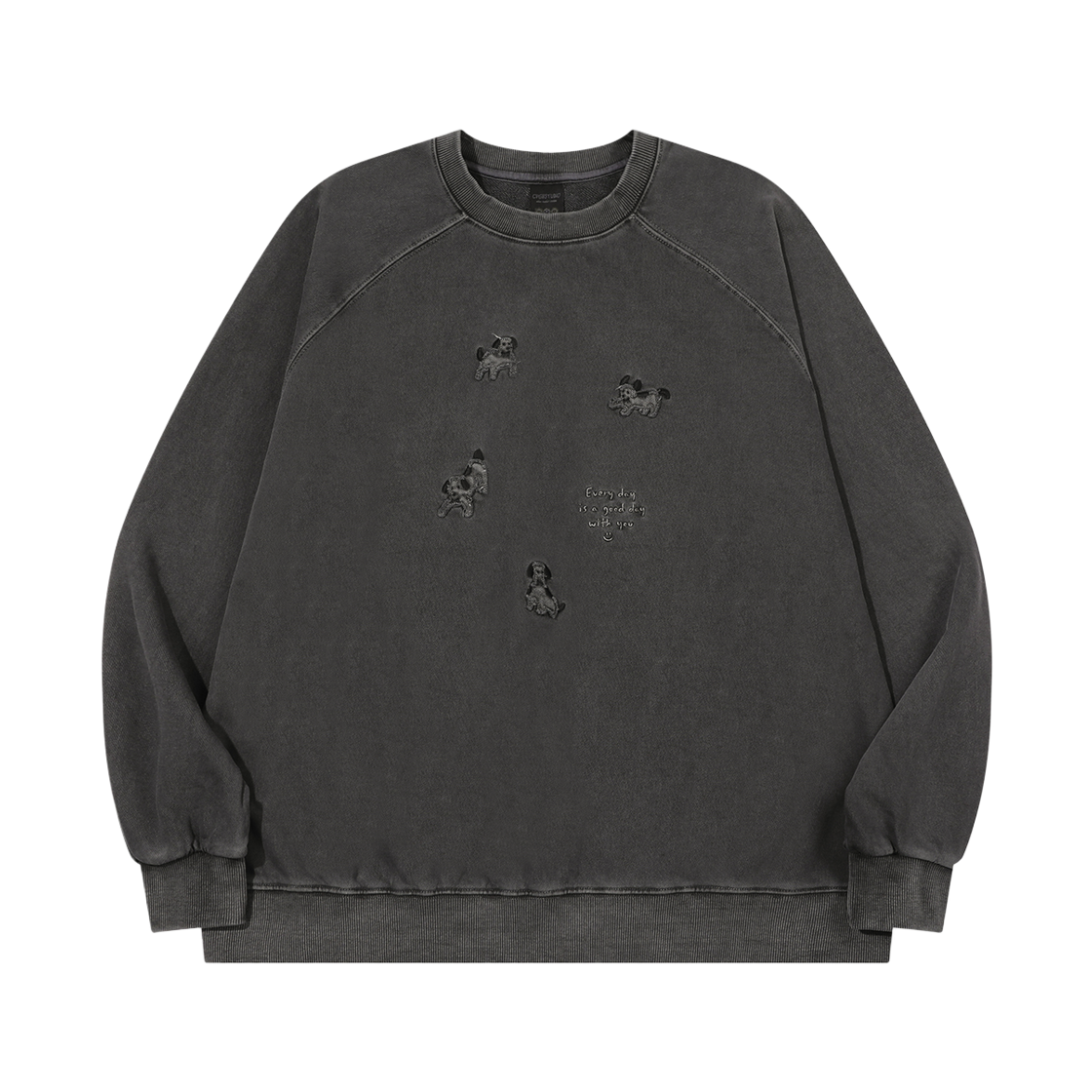 꼼파뇨 해피퍼피 패치 피그먼트 레글런 맨투맨 스모크블랙(CPGN STUDIO Happy Puppy Patch Pigment Raglan Sweatshirt Smoke Black) - 1