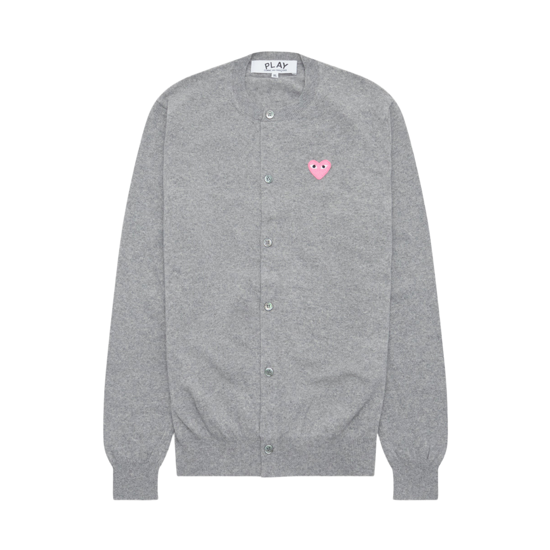 AX-N098-051-2 Play Comme des Garcons Small Pink Heart Round Neck Cardigan Light Grey