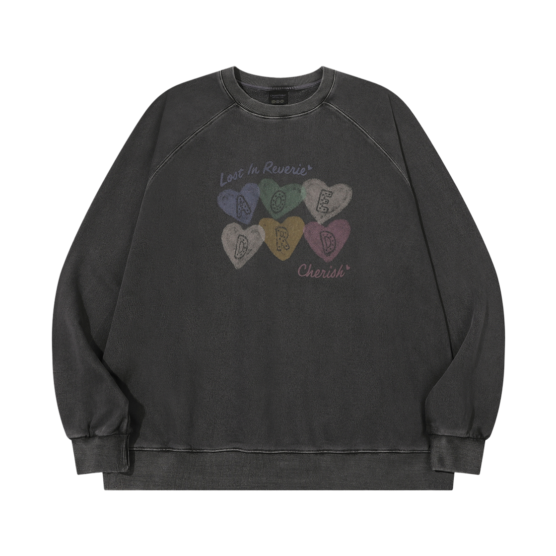 꼼파뇨 체리시 하트 레글런 피그먼트 맨투맨 스모크블랙(CPGN STUDIO Cherish Heart Raglan Pigment Sweatshirt Smoke Black)