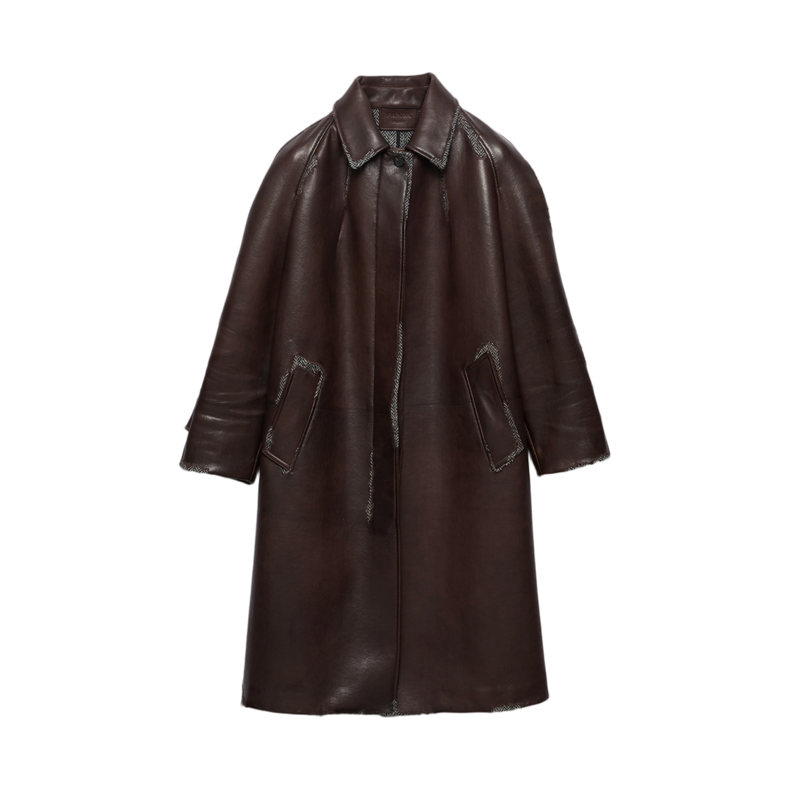 56A278-6629-F0038 (W) Prada Bonded Nappa Leather and Chevron Shetland Wool Coat Sienna