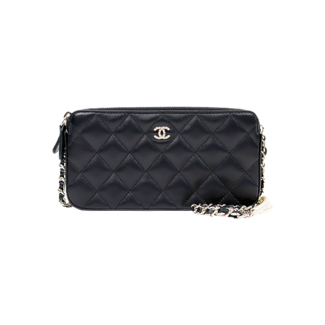 ITPKJPSG59VO Chanel Black Quilted CC Pearl Chain Wallet