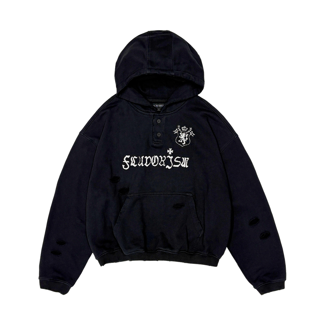 플레이버리즘 디스트로이드 헨리넥 후드 블랙(Flavorism Destroyed Henley Neck Hoodie Black)