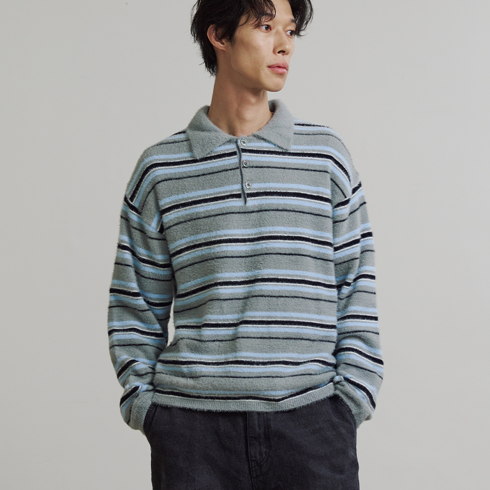 니티드 헤어리 스트라이프 카라 버튼 니트 그레이(Knitted Stripe Collar Botton Knit Grey) - 2