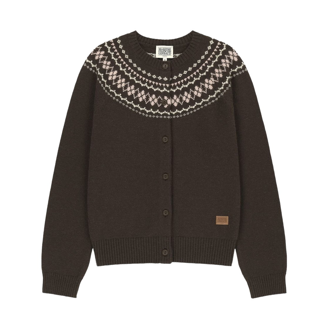 (W) 마리떼 프랑소와 저버 스몰 클래식 로고 노르딕 가디건 셋업 브라운((W) Marithe Francois Girbaud Small Classic Logo Nordic Cardigan Set Up Brown)
