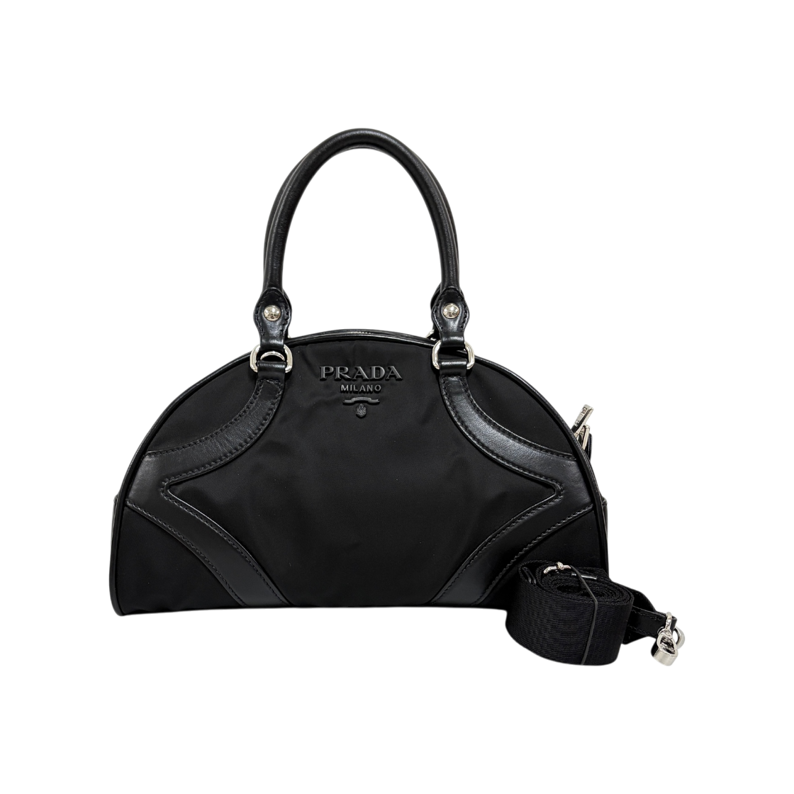 ITPTJQD6CP8M Prada Nylon Logo Bowling Tote Bag Black