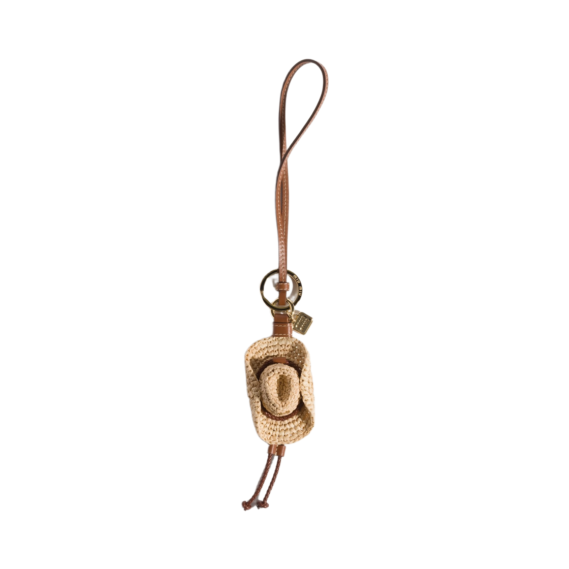 5TT299-2G7E-F0A5T Miu Miu Raffia and Leather Keyring Trick Beige Cognac