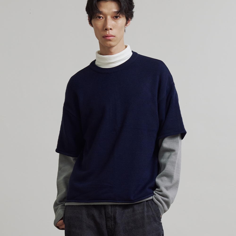 니티드 코지 레이어드 라운드 니트  네이비(Knitted Cozy Layered Round Knit Navy) - 2