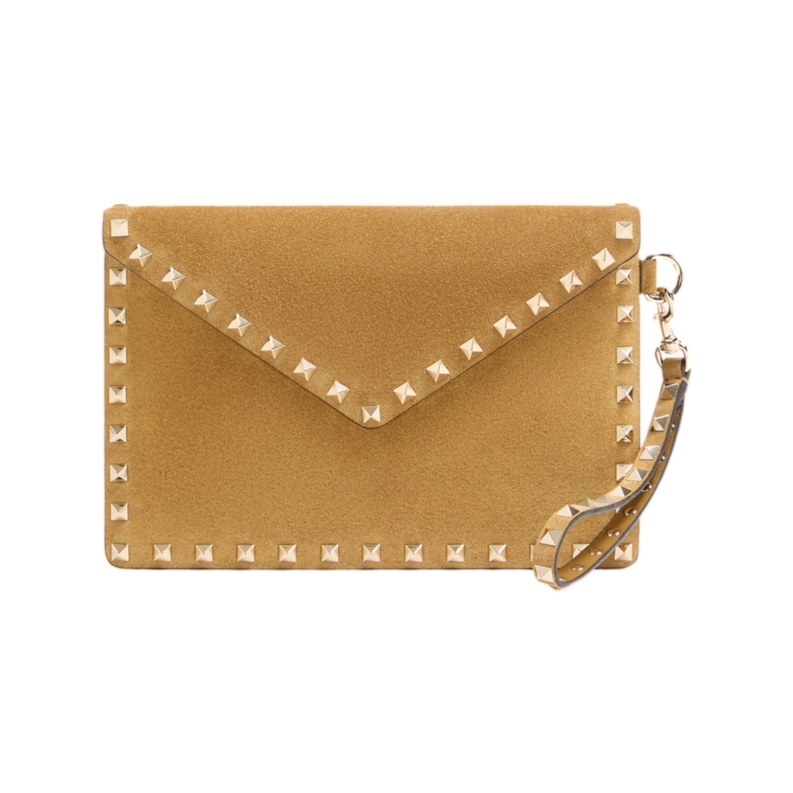 WP0P87KQQRDX Valentino Rockstud Suede Clutch Bag Havana Beige