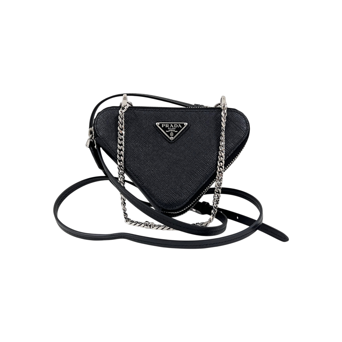 ITJB95ERW2A9 Prada Saffiano Triangle Mini Chain Crossbody Bag Black