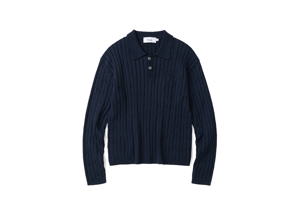 니티드 오픈카라 포켓 케이블 니트 네이비(Knitted Open Collar Pocket Cable Knit Navy) - 2