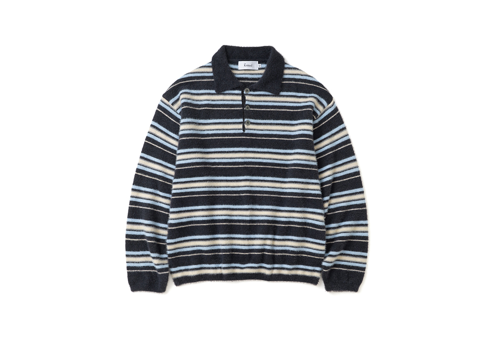 니티드 헤어리 스트라이프 카라 버튼 니트 차콜(Knitted Stripe Collar Botton Knit Charcoal) - 2