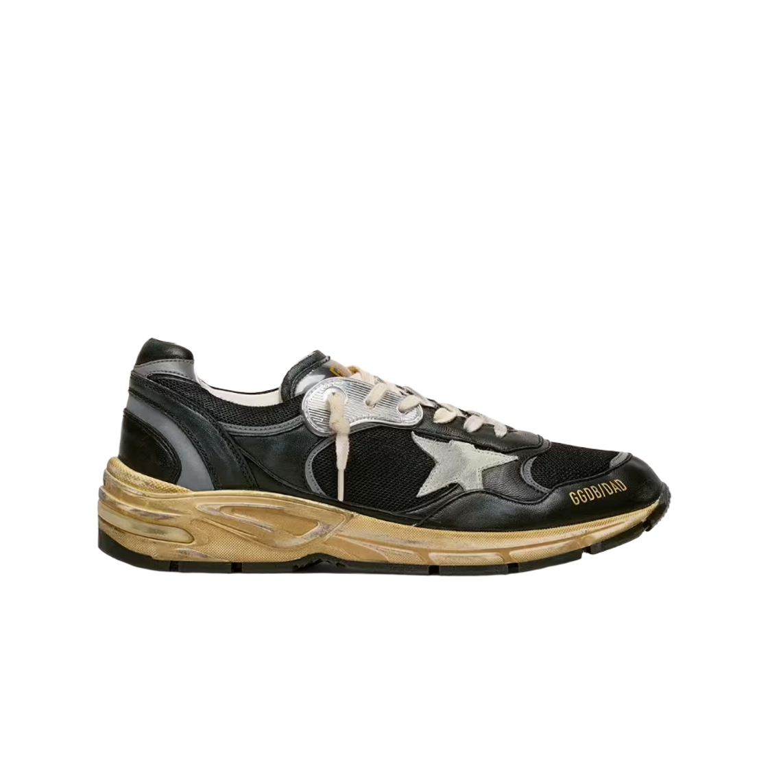 GMF00884-F003270-90282 Golden Goose Dad-Star Ice Gray Star Black and Silver Nappa Leather Heel Tab Mesh Sneakers Black
