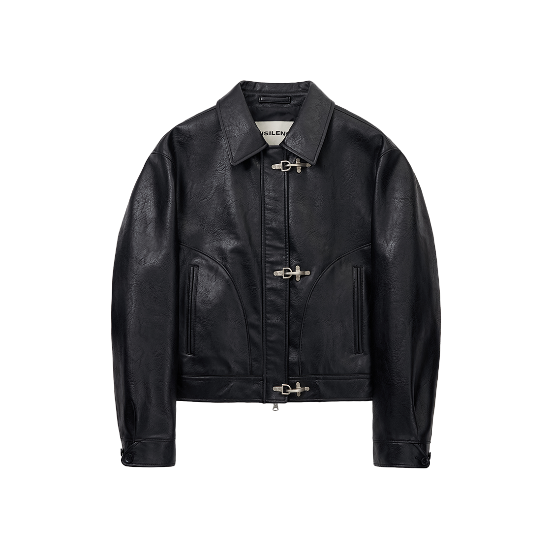 인사일런스우먼 빈티지 버클 포우 레더 자켓 블랙(INSILENCE WOMEN Vintage Buckle Faux Leather Jacket BLACK)