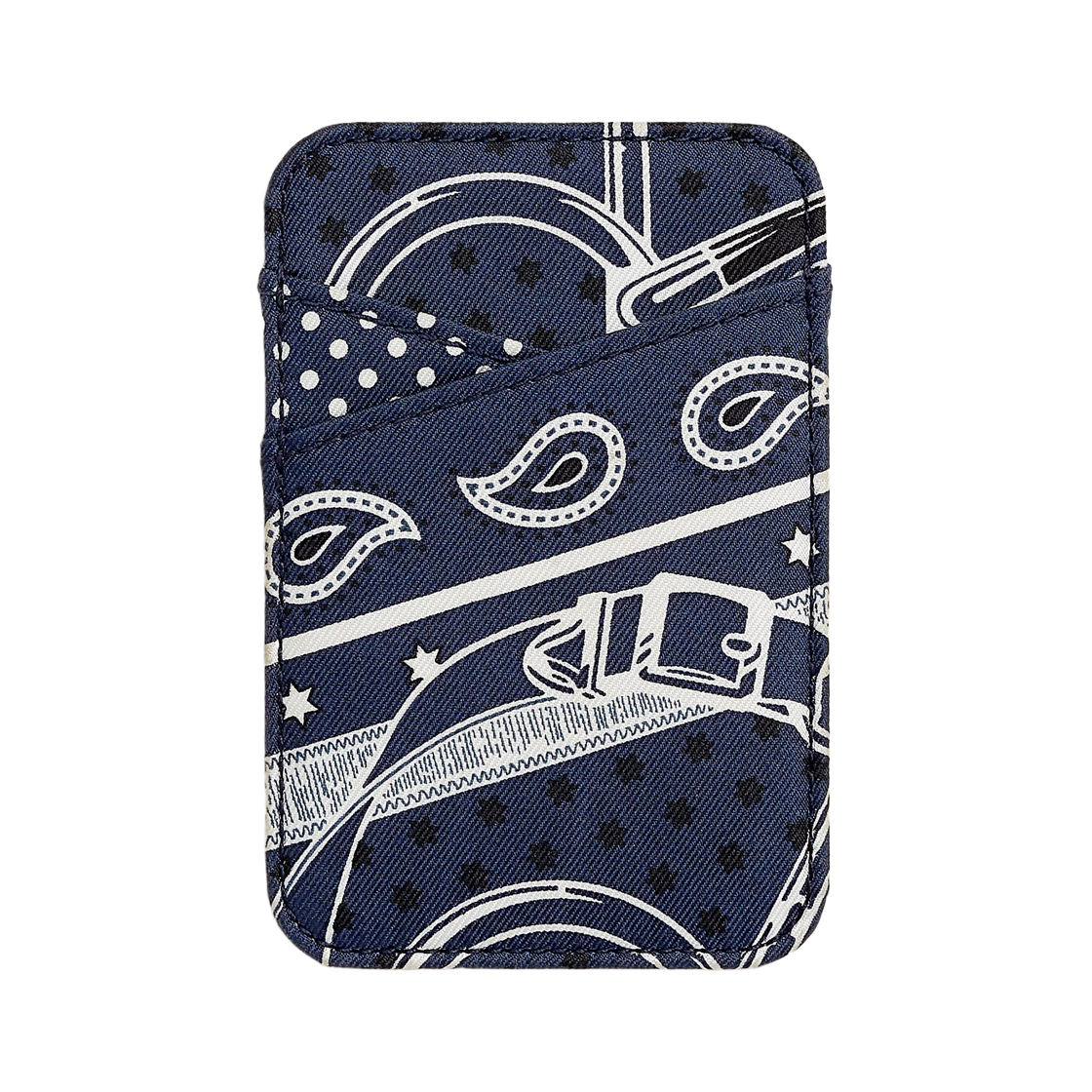 H0004201MN Hermes Bandana Eperon D'or Magsafe Card Holder Silk & Bleu Marine Noir Blanc