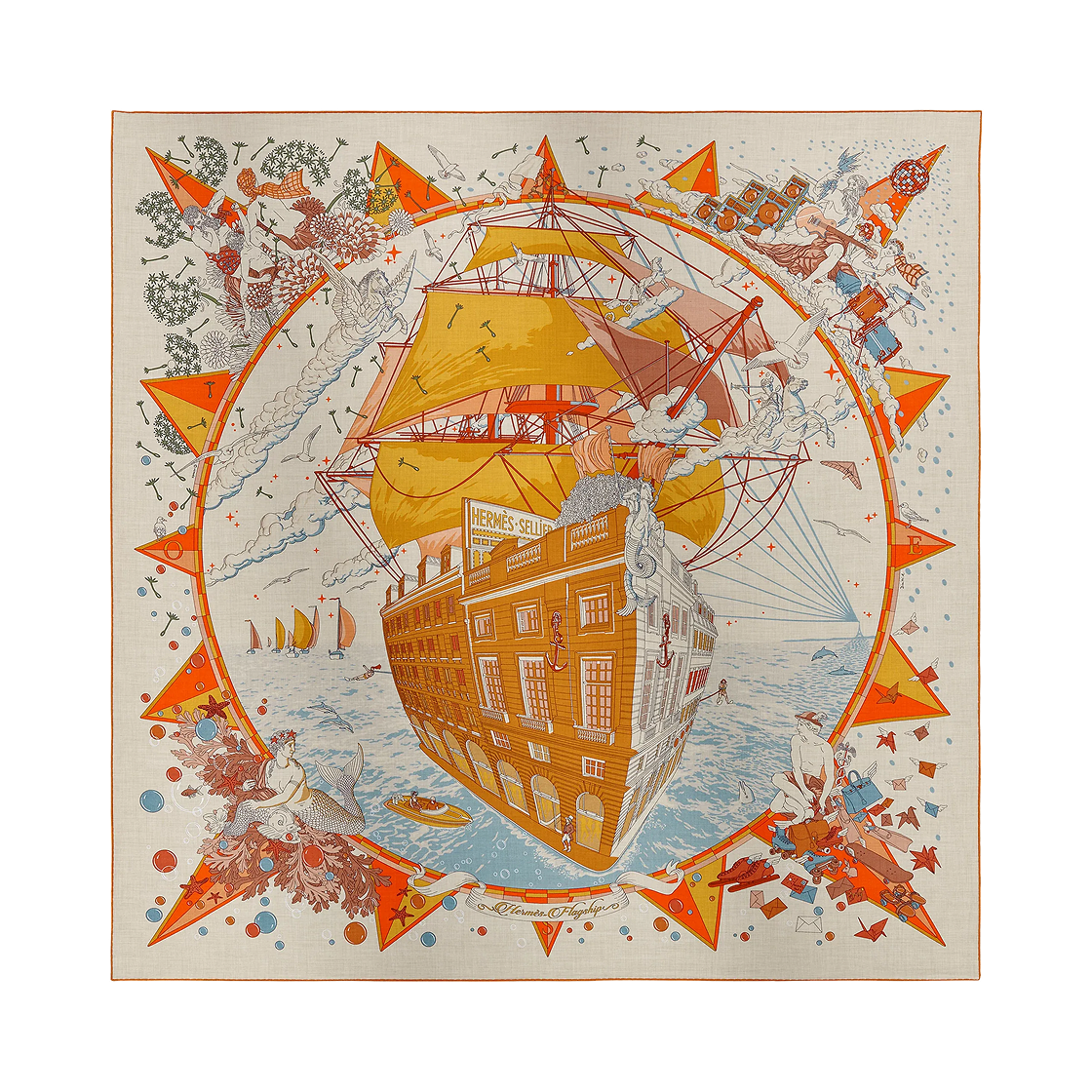 H244091S06 (W) Hermes Flagship Shawl 140 Naturel Orange Cuit Bleu Glacier