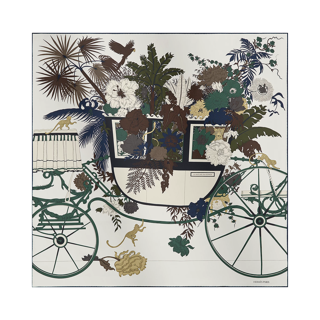 H004368S09 (W) Hermes La Nature En Voyage Scarf 90 Silk & Blanc Vert Loden