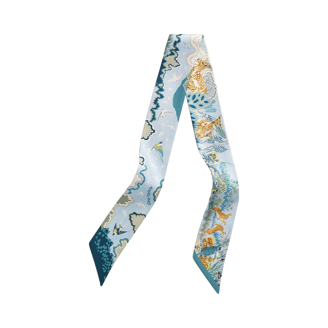 H064297S06 (W) Hermes Rewilding Nature Twilly Silk & Bleu Ciel Marine Vert