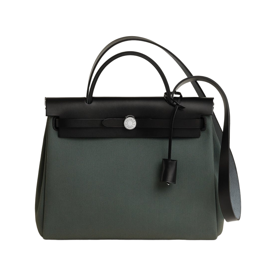 H078971CKCS Hermes Herbag Zip 31 Bag Military Canvas Hunter Cowhide & Palladium Vert Mangrove Noir