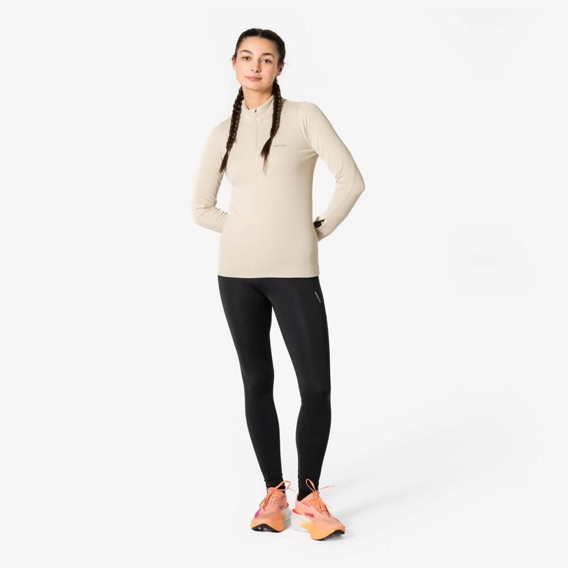 데카트론 여성 리브드 하프집 러닝 긴팔 티 런 웜 플로우 린넨 베이지(Decathlon Women's Ribbed Half-Zip Running Long-Sleeved T-shirt Run Warm Flow Linen Beige) - 4
