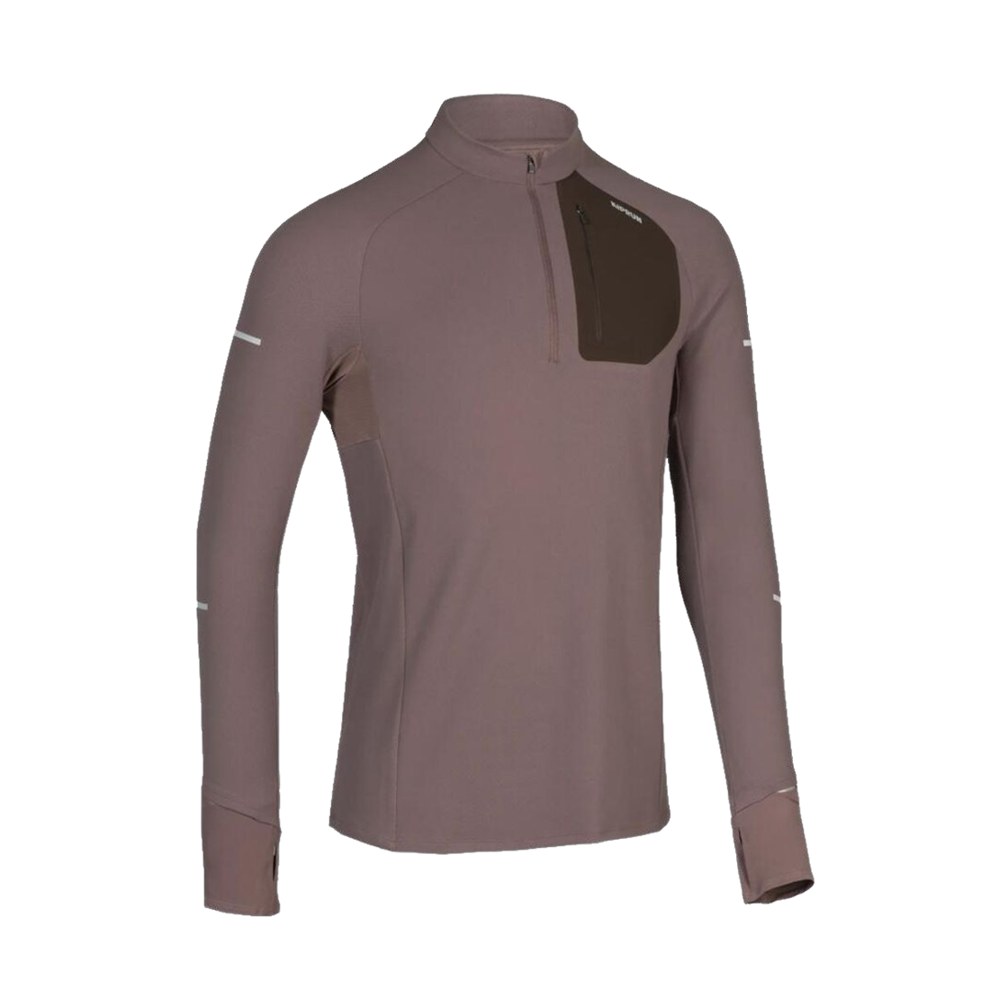 9008128 Decathlon Men's Half-Zip Running Long-Sleeved T-shirt Run Warm 900 Quartz Brown