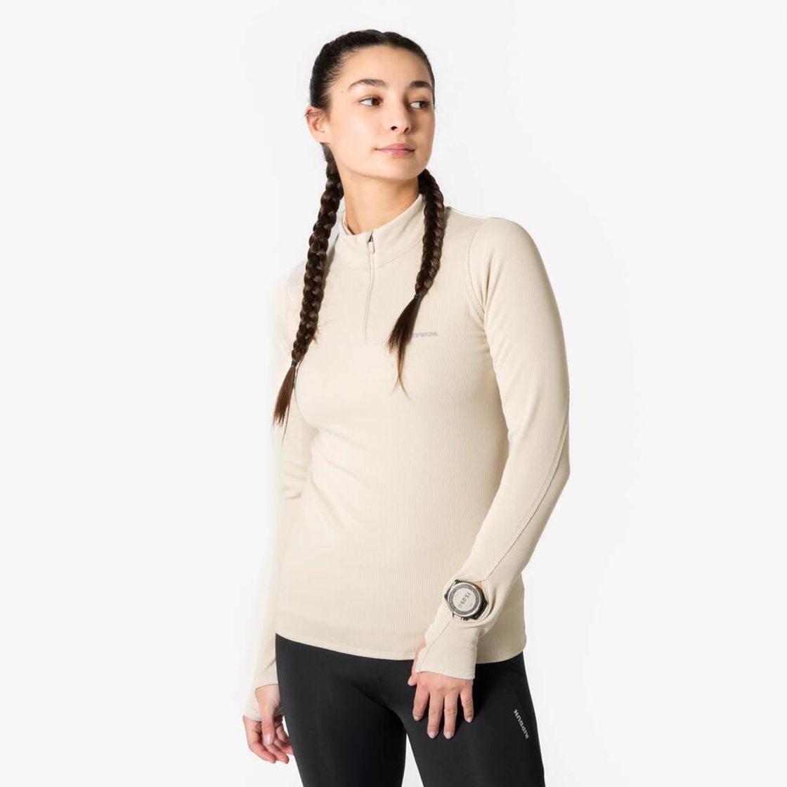 데카트론 여성 리브드 하프집 러닝 긴팔 티 런 웜 플로우 린넨 베이지(Decathlon Women's Ribbed Half-Zip Running Long-Sleeved T-shirt Run Warm Flow Linen Beige) - 2