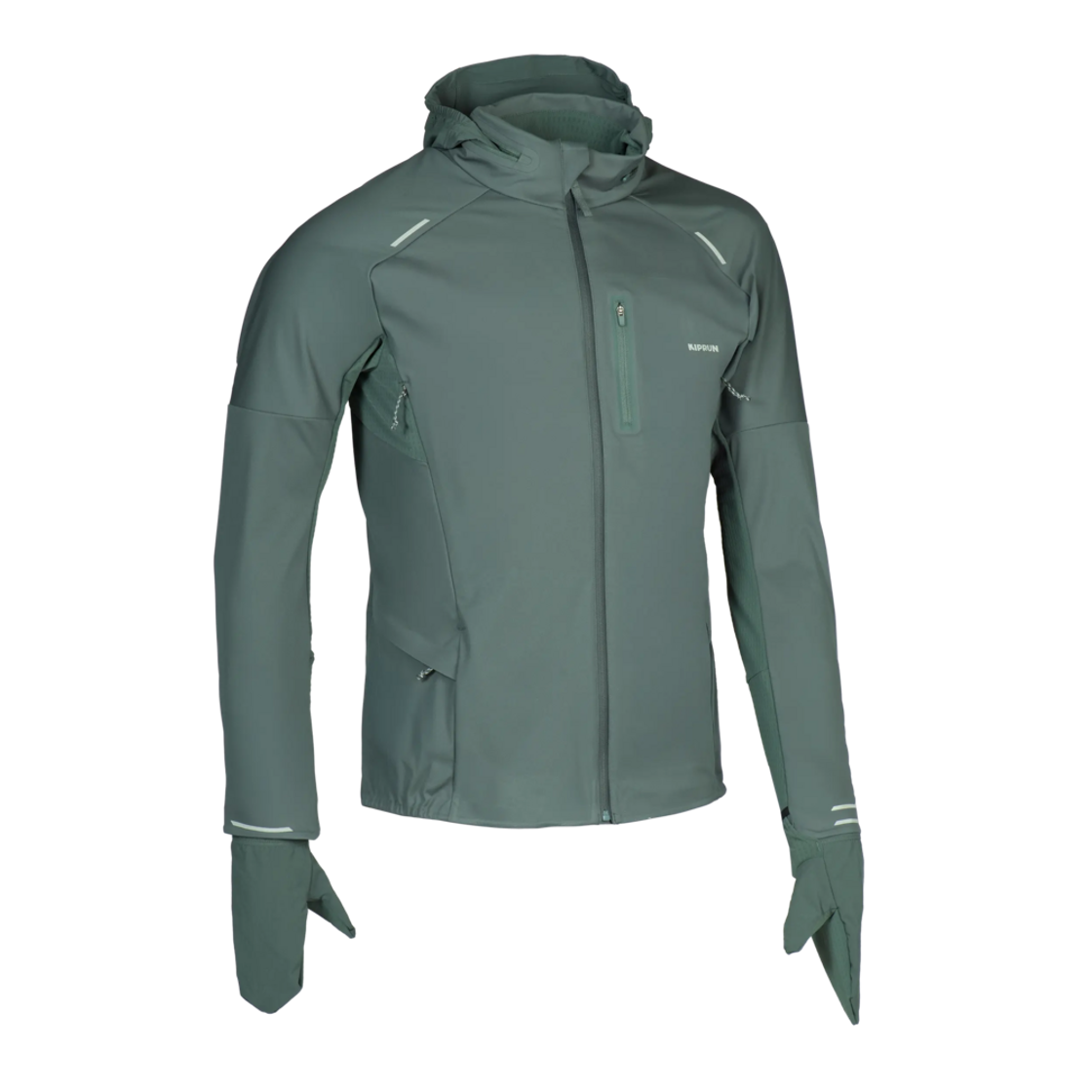 8881642 Decathlon Men's Running Jacket with Built-in Gloves Run Warm 900 Smoke Green