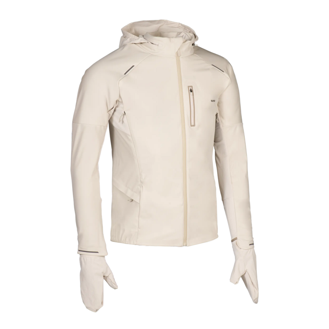 9008552 Decathlon Men's Running Jacket with Built-in Gloves Run Warm 900 Linen Beige