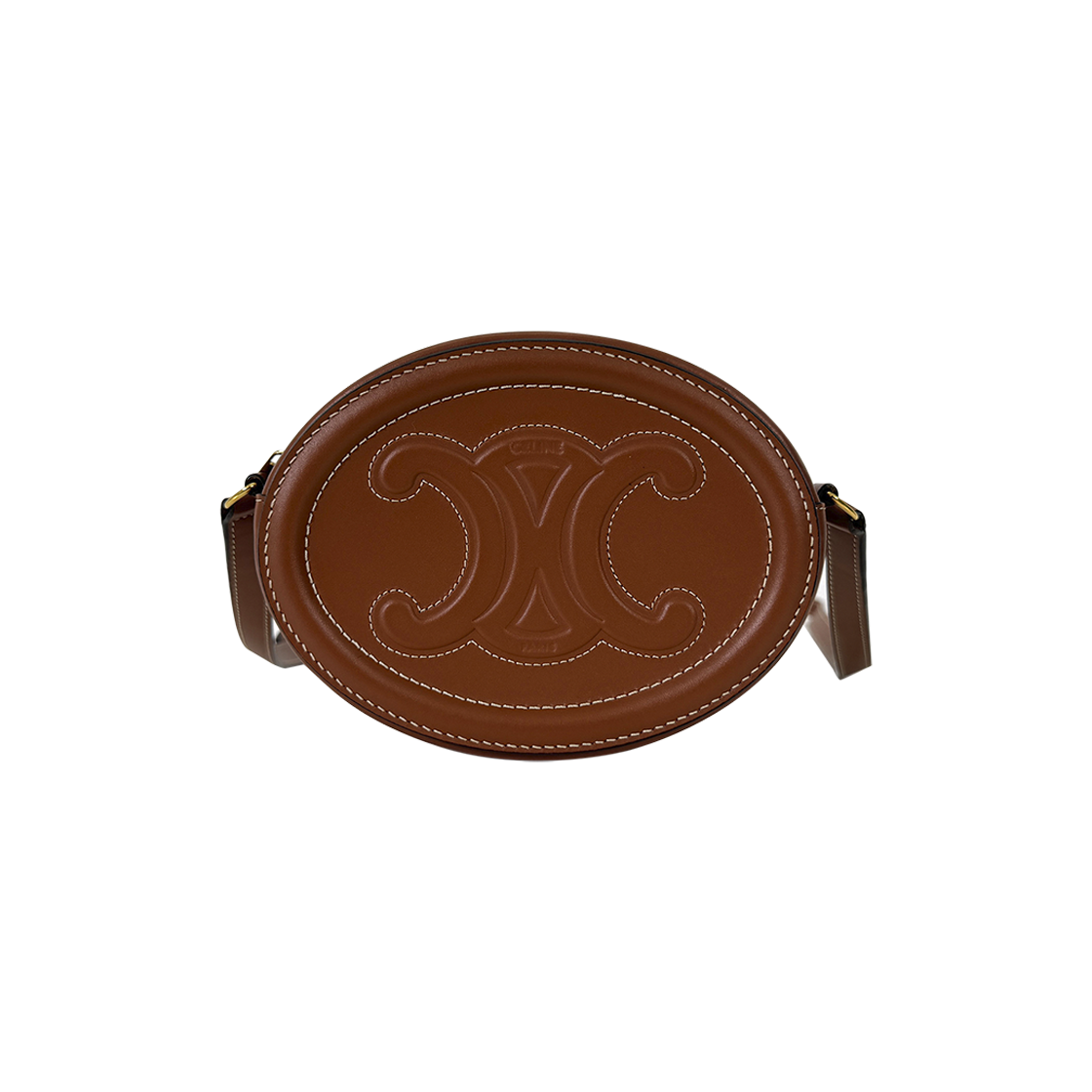 IT372VQ6QQIB Celine Triomphe Curved Oval Pearl Leather Shoulder Bag Tan