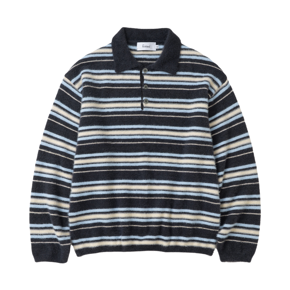 니티드 헤어리 스트라이프 카라 버튼 니트 차콜(Knitted Stripe Collar Botton Knit Charcoal)