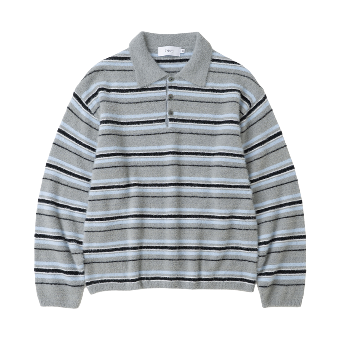 니티드 헤어리 스트라이프 카라 버튼 니트 그레이(Knitted Stripe Collar Botton Knit Grey)
