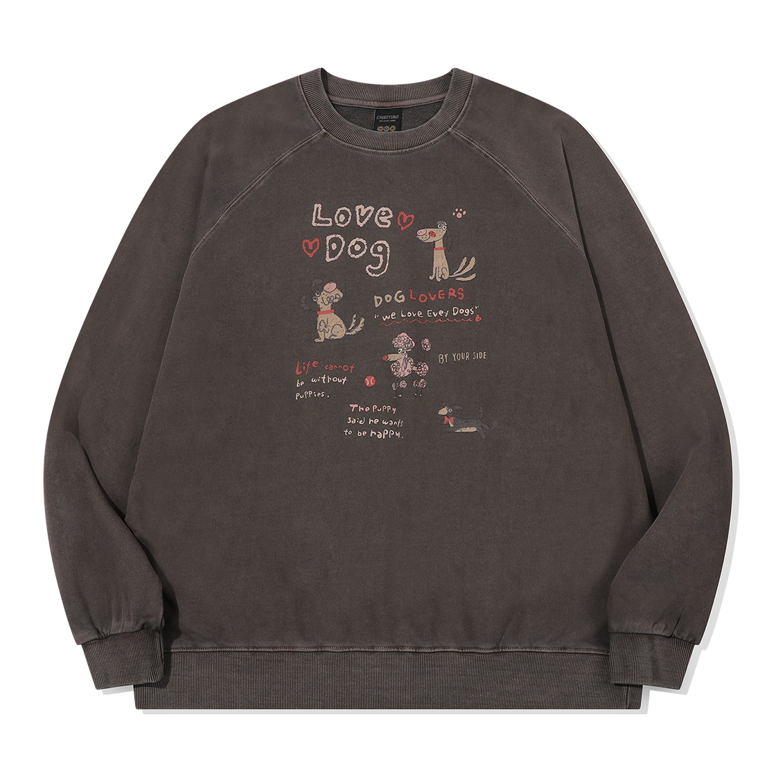 C26FB29 CPGN STUDIO Doodle Puppy Raglan Pigment Sweatshirt Brown