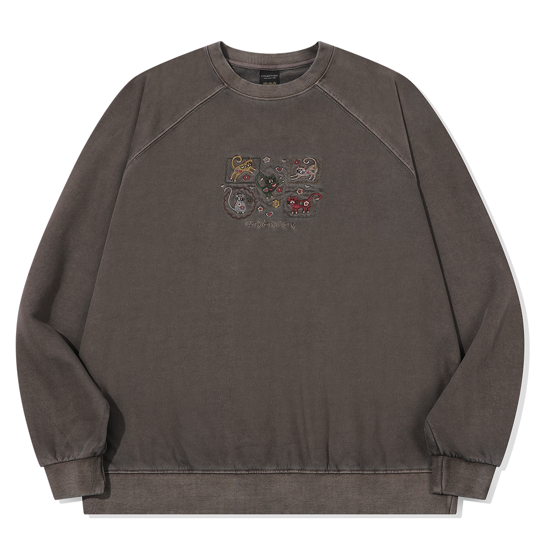 C26FB27 CPGN STUDIO Flower Cat Embroidery Raglan Pigment Sweatshirt Brown