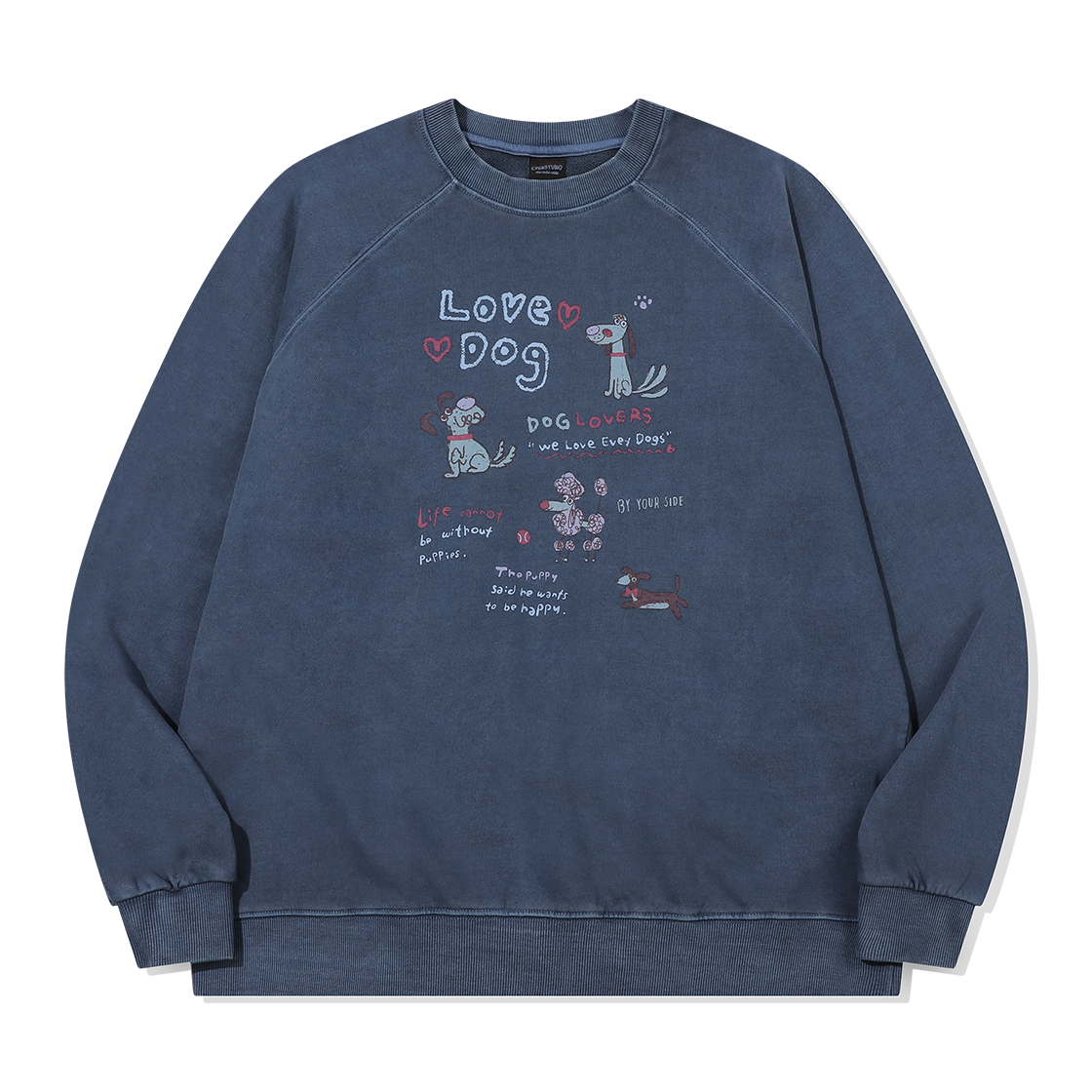C26FB28 CPGN STUDIO Doodle Puppy Raglan Pigment Sweatshirt Ocean Blue