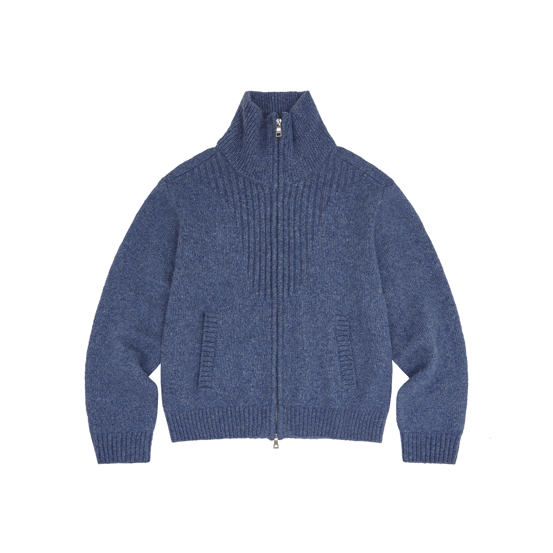 메아 알파카 하이 넥 니트 집 멜란지 블루(Mea Alpaca High Neck Knit Zip Melange Blue)