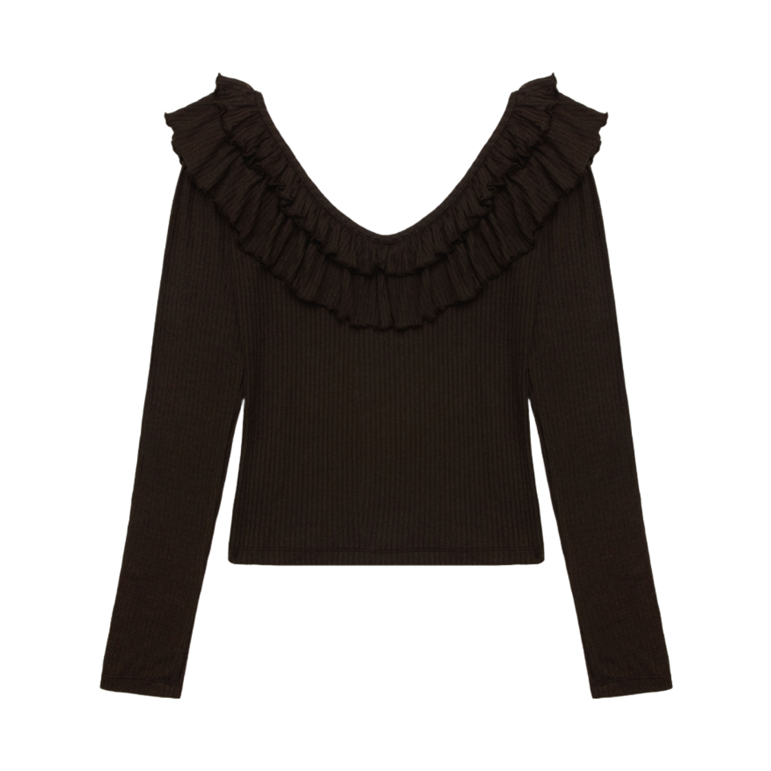 모이페어 더블 프릴 오프숄더 티셔츠 브라운(MOIFAIRE Double Frill off Shoulder T-Shirt Brown)