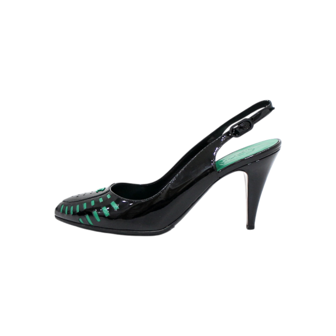 샤넬 블랙 페이던트 그래피티 CC 슬링백 여성 구두(Chanel Black Patent Graffiti CC Slingback Heels)