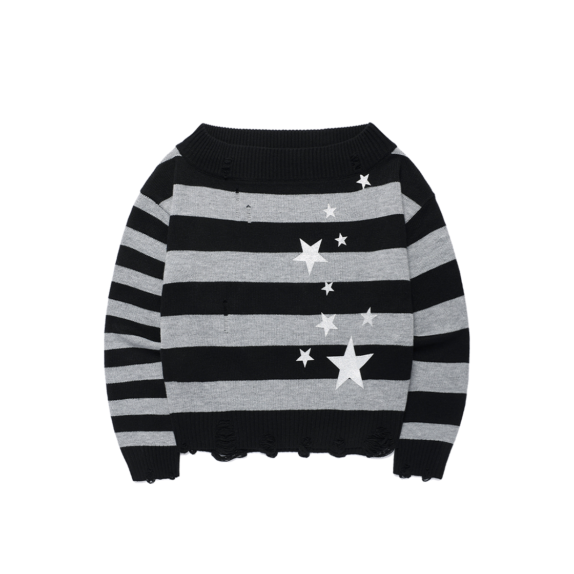 카비시 데미지드 스타 스트라이프 오프숄더 니트 블랙(CAVISH Damaged Star Stripe Off Shoulder Knit Black)