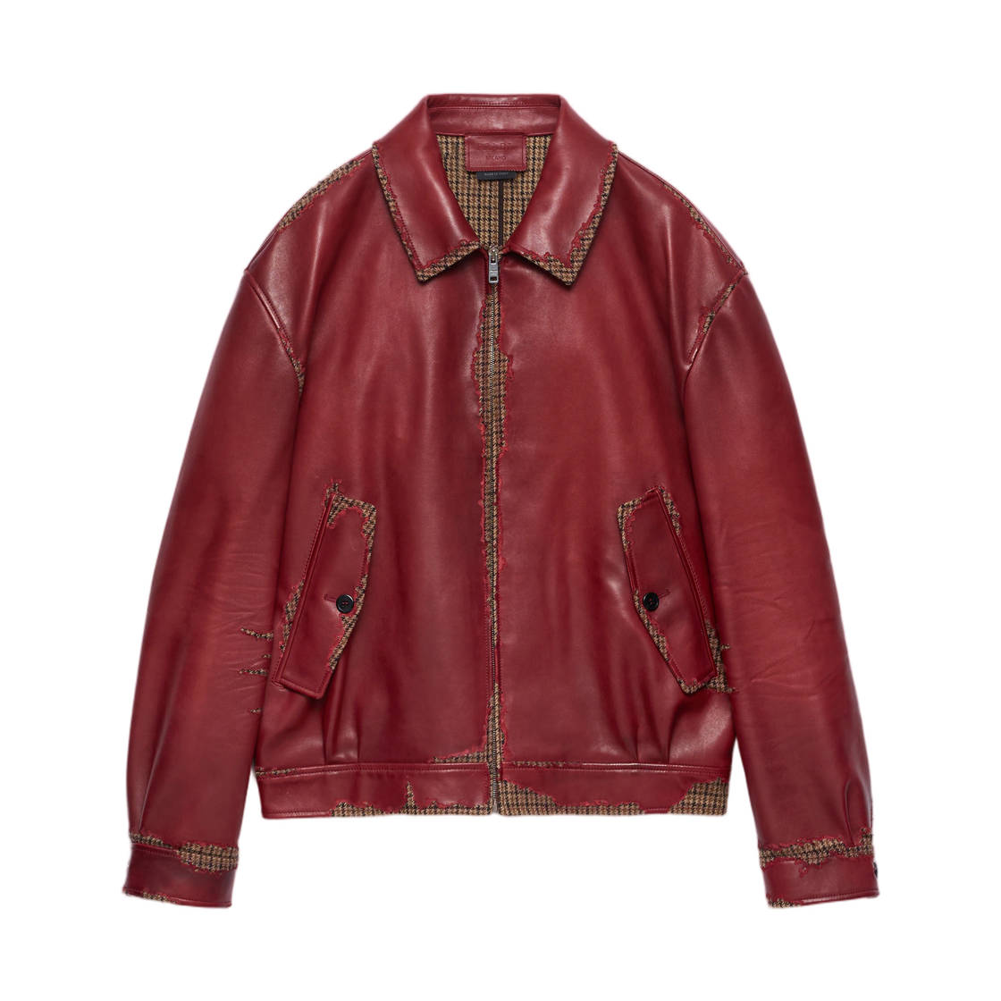 58A316-6629-F0041 (W) Prada Bonded Nappa Leather and Houndstooth Check Fabric Jacket Ruby Red
