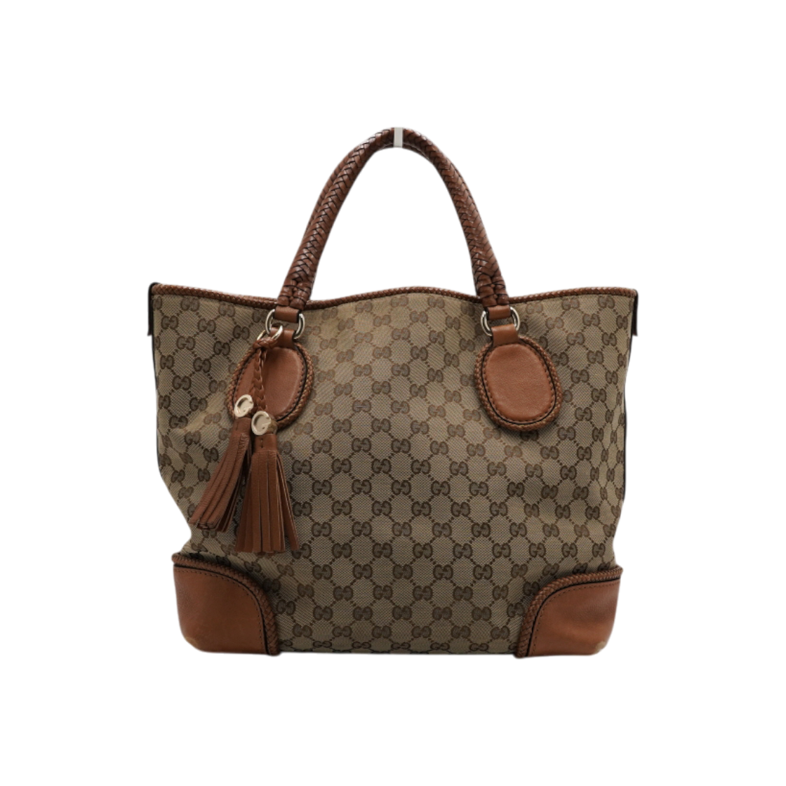 ITCUK2FLM7LV Gucci Brown Leather GG Canvas Trimmed Tassel Tote Bag