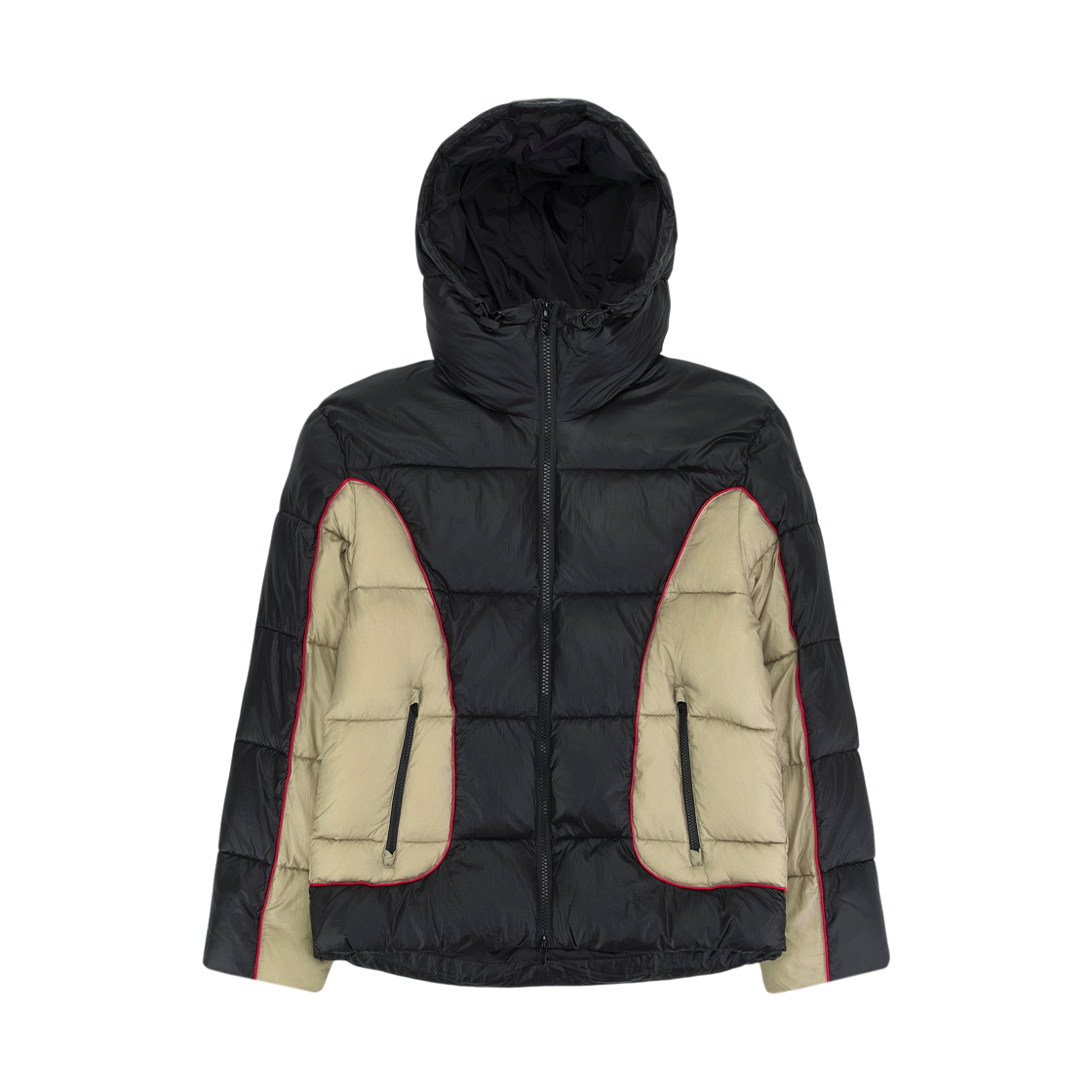 디젤 W-오스텐드 샤이니 립스탑 후드 퍼퍼 자켓 블랙 베이지(Diesel W-Ostend Hooded Puffer Jacket in Shiny Ripstop Black Beige)