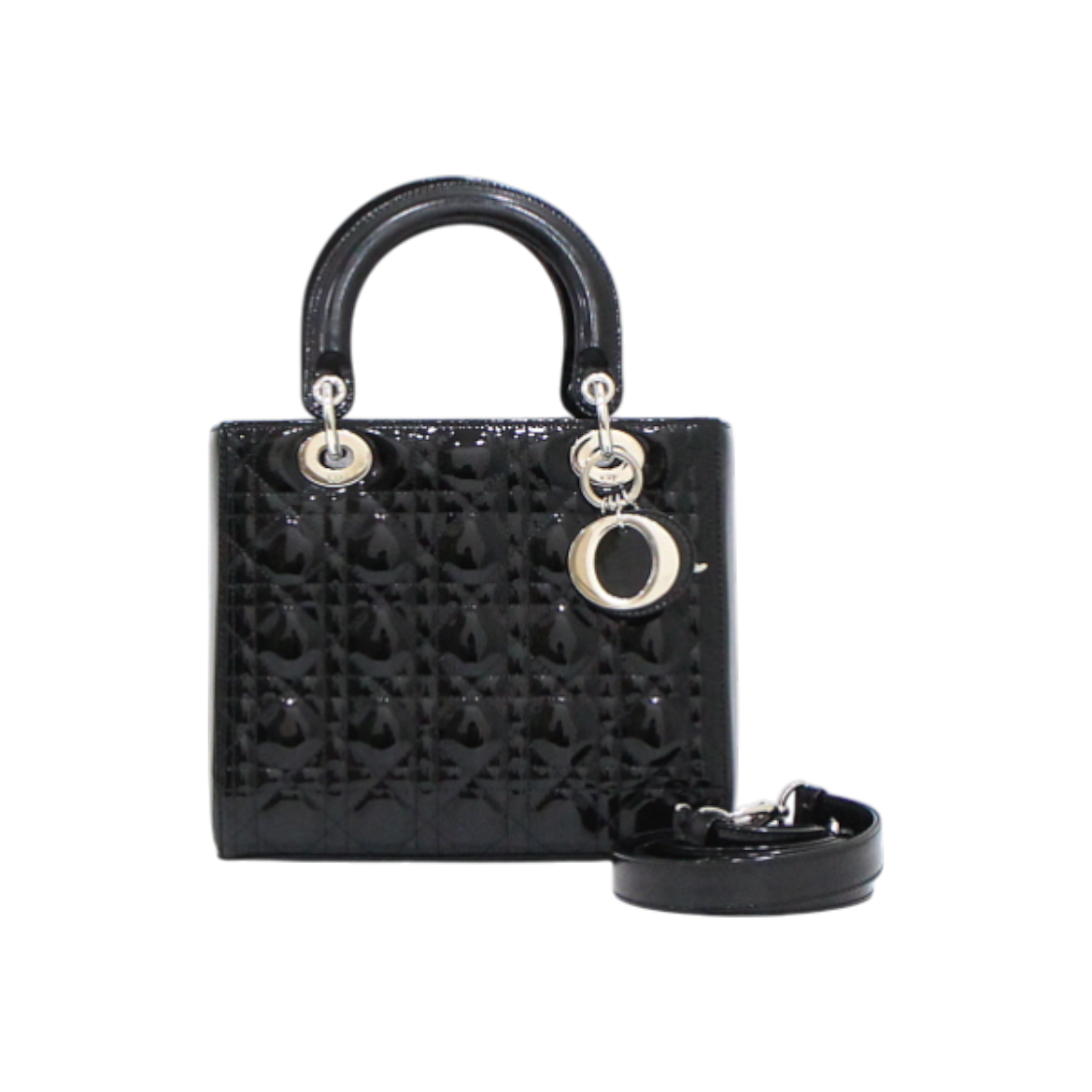 ITHUI4A79WC4 Dior Black Patent Lady Dior Medium Cannage Tote Bag