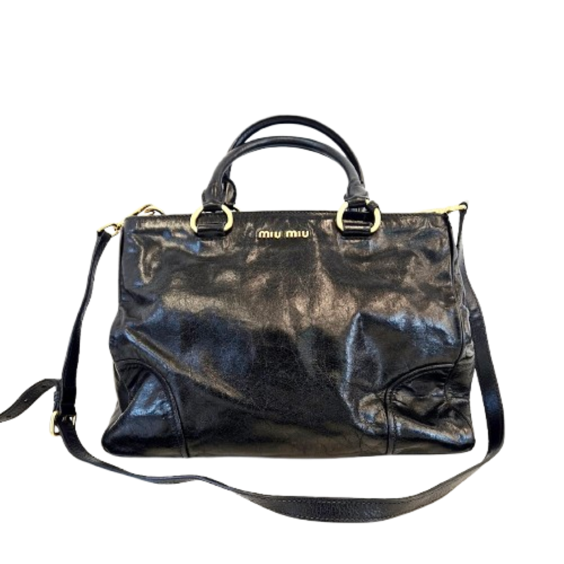 IT6LDRBPBI3N Miu Miu Vitello Shine Gold Logo 2WAY Tote Bag Black